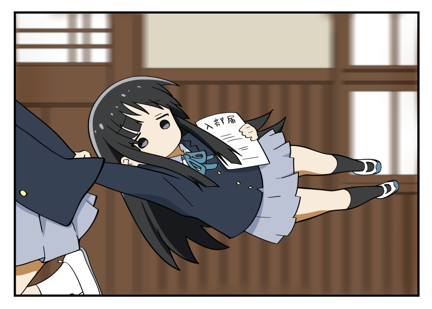 1girl akiyama_mio black_eyes black_hair blazer blunt_bangs blurry bocchi_the_rock! depth_of_field highres jacket k-on! long_hair odenyarou pleated_skirt school_uniform shoes skirt socks solo uwabaki