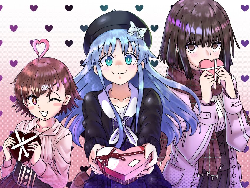 3girls ;) absurdres ahoge beret black_coat black_hat black_skirt box brown_eyes brown_hair candy child chocolate chocolate_heart coat commentary covering_own_mouth dress dress_shirt ebora food green_eyes grey_hair hat heart heart-shaped_box heart-shaped_food heart_ahoge heart_background high-waist_skirt highres incoming_gift index_(toaru_majutsu_no_index) last_order_(toaru_majutsu_no_index) long_hair multiple_girls one_eye_closed plaid_clothes plaid_dress plaid_scarf purple_coat purple_dress scarf shirt short_hair simple_background skirt smile takitsubo_rikou toaru_majutsu_no_index valentine