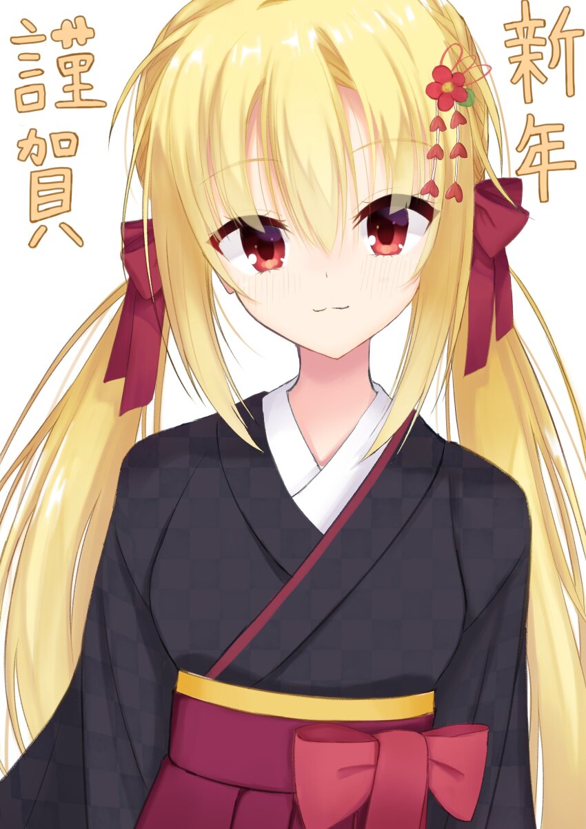 1girl :3 absurdres alternate_costume arihara_nanami arms_at_sides black_kimono blonde_hair blush bow closed_mouth commentary_request eyelashes eyes_visible_through_hair flower hair_between_eyes hair_bow hair_flower hair_ornament hair_ribbon hakama happy_new_year highres japanese_clothes kanzashi kiki0319i kimono long_hair long_sleeves looking_at_viewer low_twintails new_year red_bow red_eyes red_flower red_hakama red_ribbon ribbon riddle_joker sidelocks smile solo split_mouth straight_hair translated twintails upper_body very_long_hair wide_sleeves