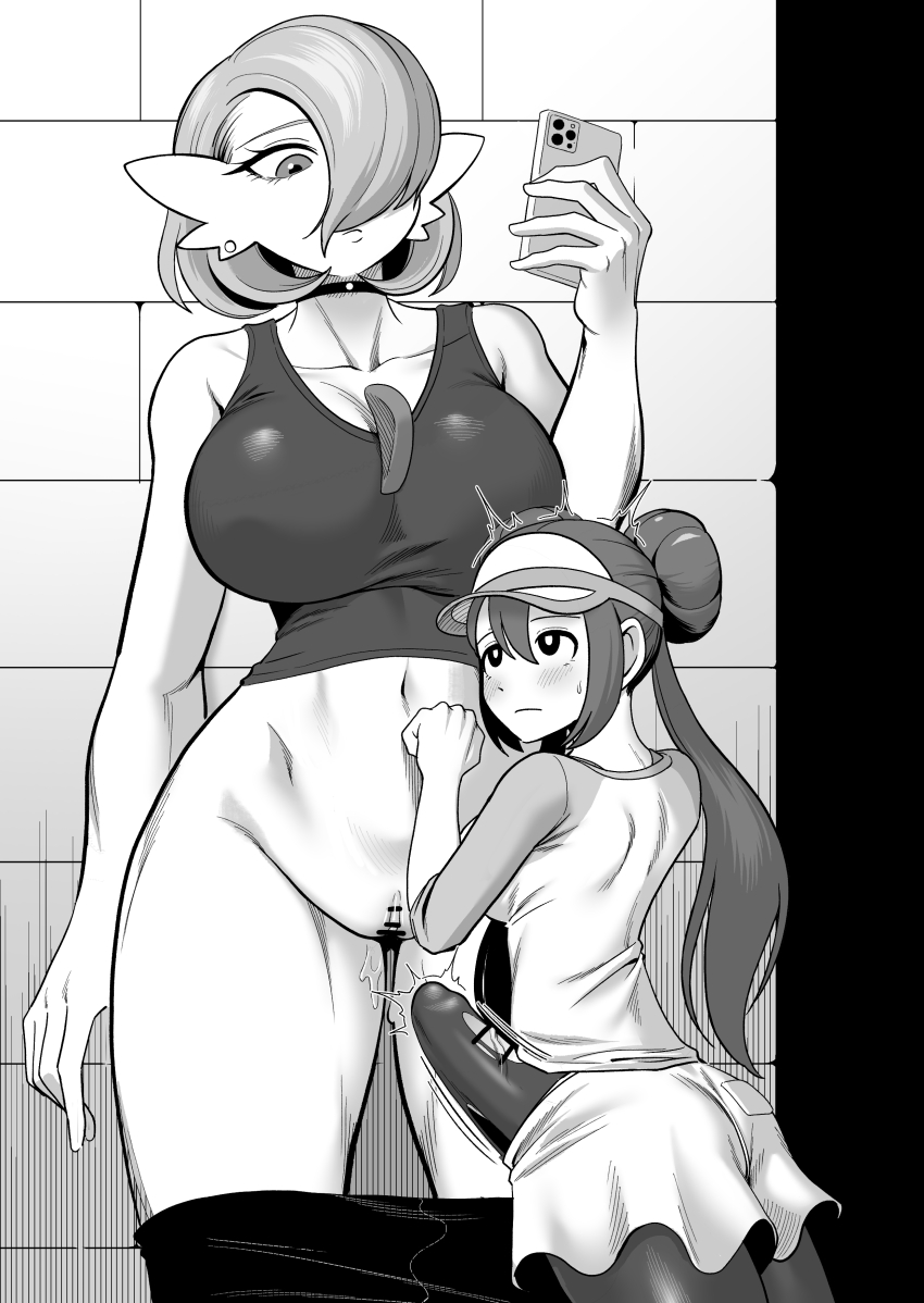 1futa 1girl arm_at_side ass bar_censor bare_shoulders blush bob_cut breasts brick_wall bulge cellphone censored choker clitoral_hood closed_mouth clothes_pull collarbone cowboy_shot creatures_(company) crop_top donut_hair_bun double_bun earrings erection erection_under_clothes eye_contact from_behind futa_with_female futanari game_freak gardevoir gen_3_pokemon hair_bun hair_over_one_eye hand_up holding holding_phone interspecies iphone jewelry large_breasts leggings leggings_pull looking_at_another looking_down looking_up mature_female navel nintendo one_eye_covered pantyhose pantyhose_under_shorts penis penis_out phone pokemon pokemon_(creature) pokemon_bw2 pussy pussy_juice raglan_sleeves rosa_(pokemon) shirt short_hair short_shorts shorts shorts_pull sidelocks sleeveless sleeveless_shirt small_breasts smartphone standing stomach stud_earrings tekkin_papa torn_clothes torn_pantyhose twintails veins veiny_penis visor_cap