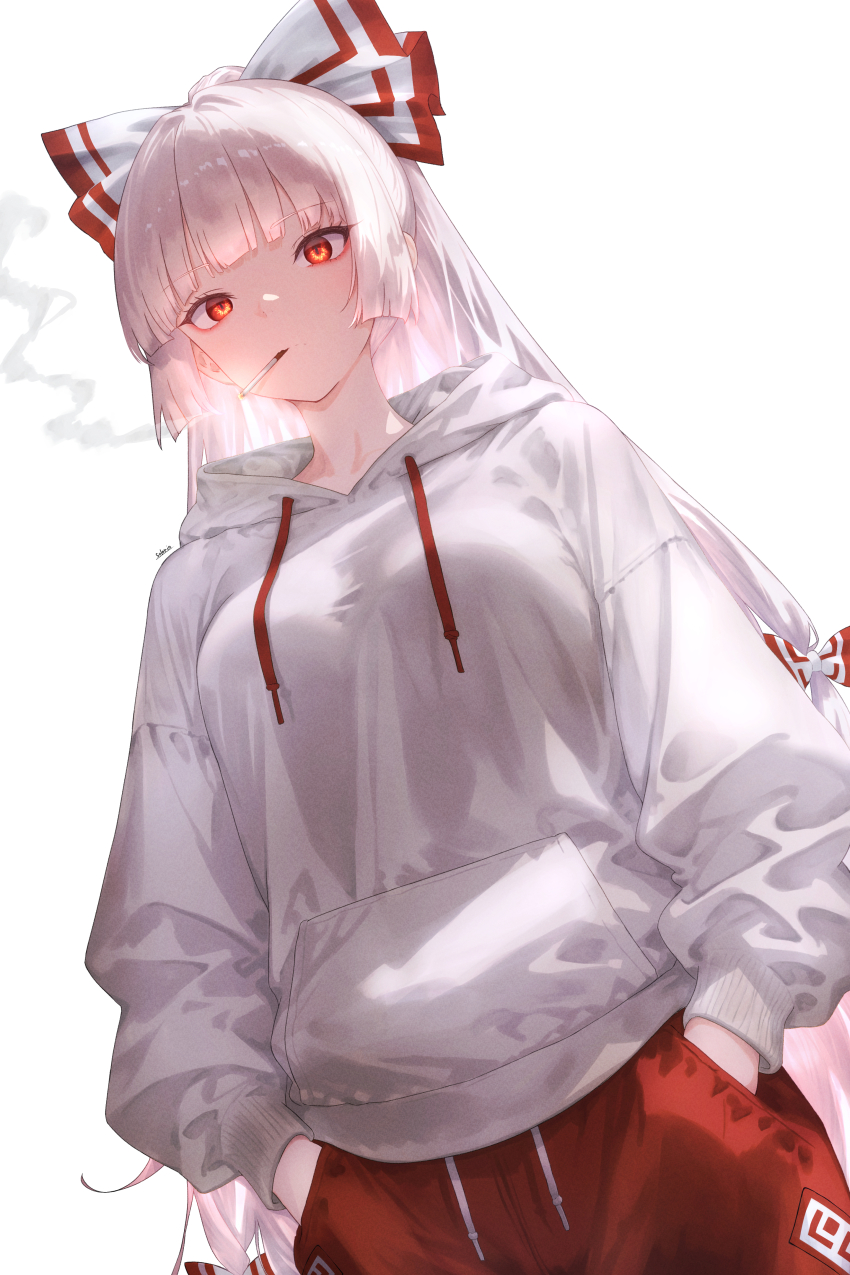 1girl absurdres breasts cigarette cowboy_shot dutch_angle expressionless fujiwara_no_mokou hands_in_pockets highres hood hoodie long_hair looking_at_viewer ofuda ofuda_on_head pants red_eyes red_pants selerio3 simple_background smoking solo touhou white_background white_hair white_hoodie