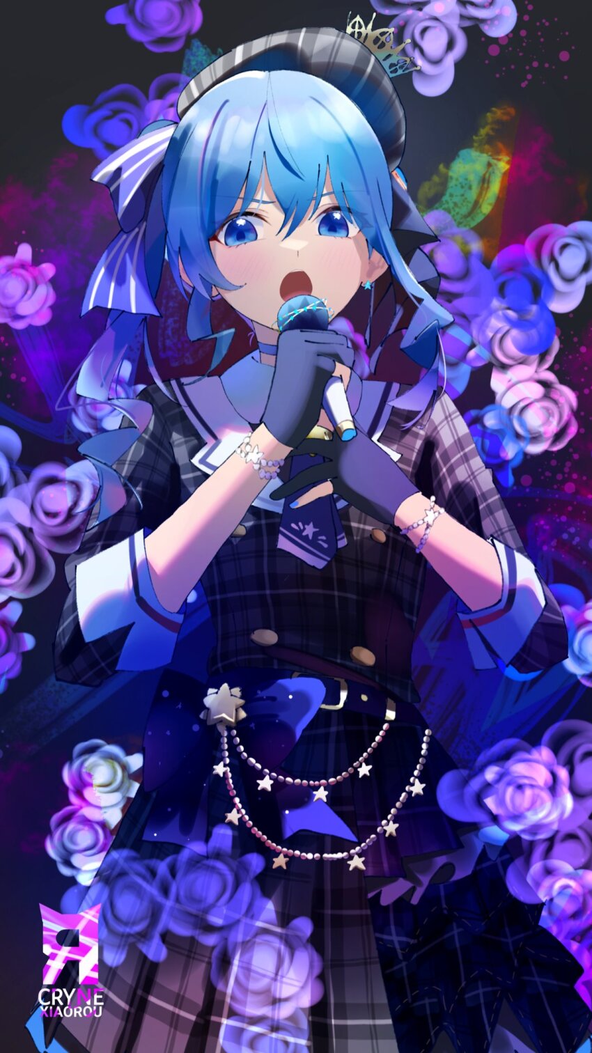 1girl :o artist_name bead_bracelet beads beret black_gloves blue_bow blue_eyes blue_hair blue_nails bow bracelet choker collared_shirt commentary cowboy_shot crown cryne double-parted_bangs gloves grey_hat grey_shirt grey_skirt hair_between_eyes hair_bow hat highres holding holding_microphone hololive hoshimachi_suisei hoshimachi_suisei_(1st_costume) jewelry looking_at_viewer microphone mini_crown miniskirt mixed-language_commentary music open_mouth partially_fingerless_gloves plaid_clothes plaid_hat plaid_shirt plaid_skirt shirt singing skirt skirt_set sleeves_past_elbows solo star_(symbol) striped_bow v-shaped_eyebrows virtual_youtuber