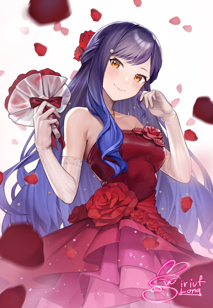 1girl aozora_ni_negau_your_happiness!_(project_sekai) bare_shoulders black_hair blue_hair blush bouquet bow breasts cowboy_shot dress dress_flower elbow_gloves flower gloves gradient_hair hair_flower hair_ornament highres holding holding_bouquet jewelry lace lace-trimmed_gloves lace_trim long_hair looking_at_viewer medium_breasts multicolored_hair necklace official_alternate_costume official_alternate_hairstyle orange_hair petals project_sekai red_bow red_dress red_flower red_petals red_rose rose rose_petals shiraishi_an sidelocks siriuflong smile solo strapless strapless_dress swept_bangs white_gloves