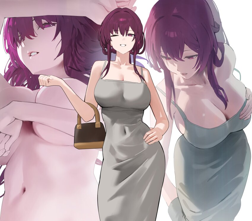 1girl absurdres alternate_costume bag bare_shoulders breasts cleavage collarbone commentary completely_nude covered_navel covering_nipples covering_privates dongtan_dress dress elbow_carry grey_dress hair_between_eyes hand_on_own_chest handbag highres honkai:_star_rail honkai_(series) hood_(james_x) kafka_(honkai:_star_rail) large_breasts looking_at_viewer meme_attire multiple_views navel nude one_eye_closed parted_lips purple_eyes purple_hair smile stomach tight_clothes tight_dress