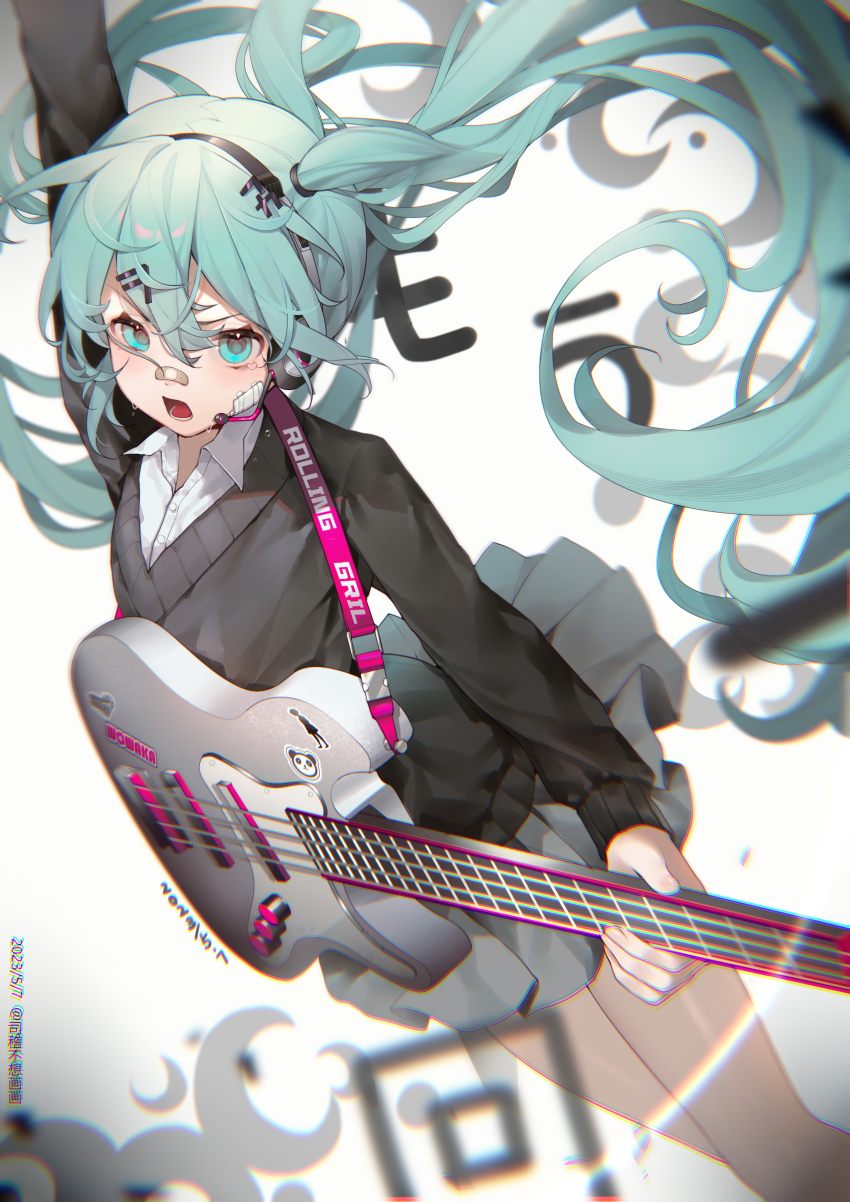 1girl absurdres aqua_eyes aqua_hair arm_up bandaid bandaid_on_face bandaid_on_nose black_sweater blue_hair collared_shirt crescent electric_guitar floating_hair gauze gauze_on_cheek grey_skirt guitar hair_between_eyes hair_ornament hairclip hatsune_miku headset highres instrument long_hair long_sleeves looking_at_viewer moriyama_meiko open_mouth pleated_skirt rolling_girl_(vocaloid) school_uniform shirt skirt solo sweat sweater tearing_up twintails very_long_hair vocaloid white_shirt