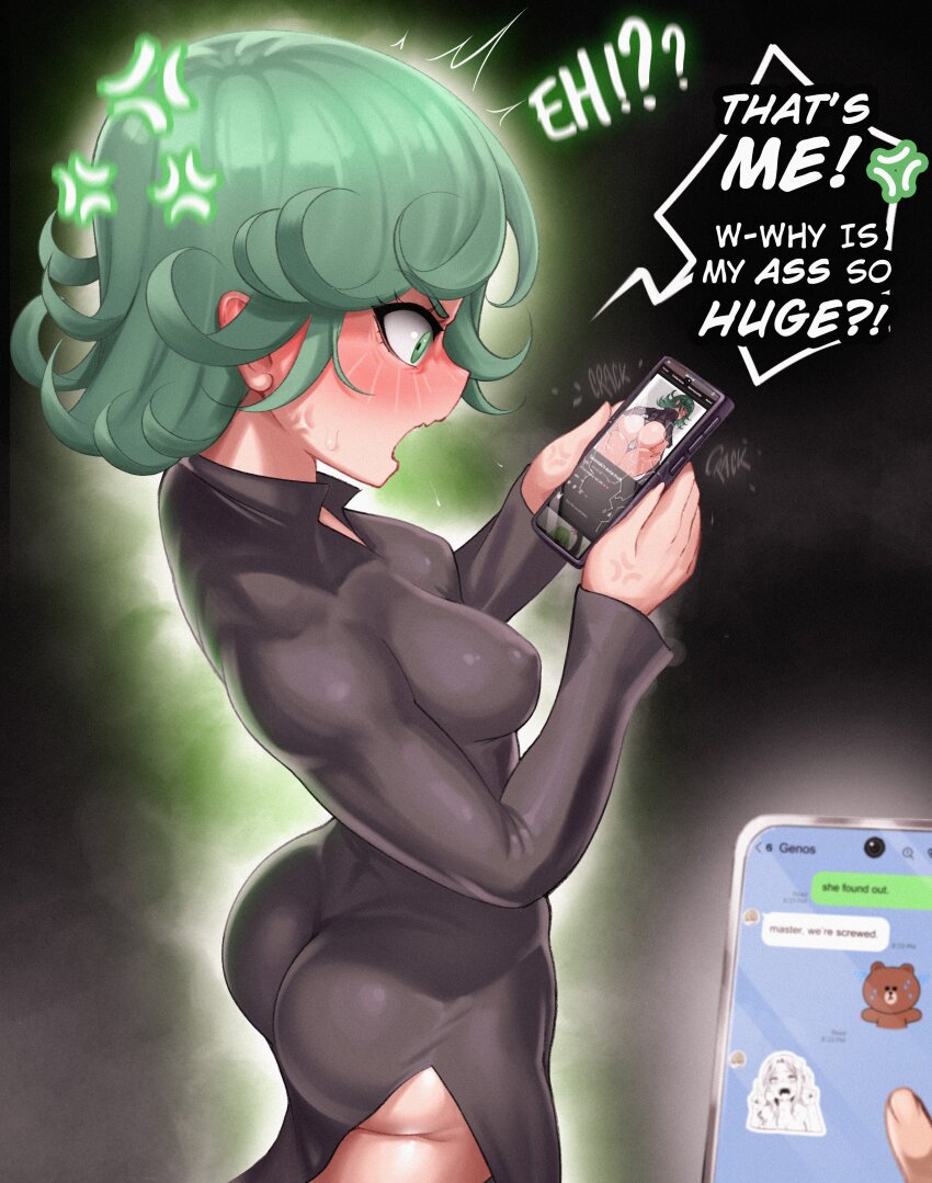 1girl absurdres anger_vein angry ass black_dress blush breasts curly_hair dress embarrassed emoji fake_phone_screenshot fake_screenshot genos green_eyes green_hair highres holding holding_phone huge_ass long_sleeves one-punch_man open_mouth panties phone saitama_(one-punch_man) shiny_skin short_hair small_breasts tatsumaki thighs underwear wide_hips windmill_(windmillg)