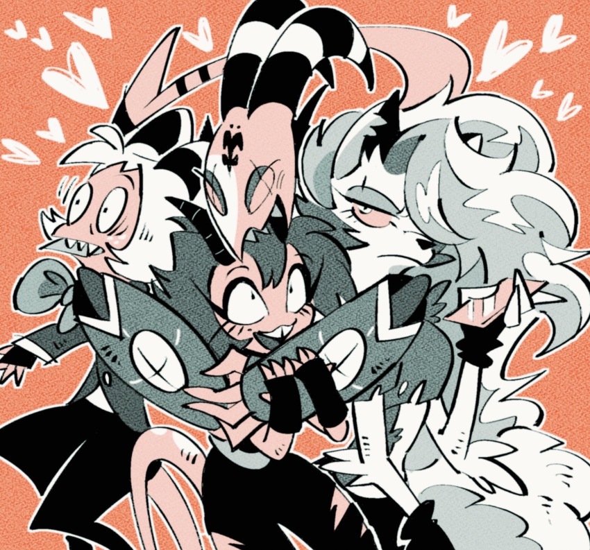 2boys 2girls animal_ears blitzo_(helluva_boss) colored_skin demon_boy demon_girl demon_horns demon_tail dog_ears dog_girl dog_tail furry furry_female helluva_boss highres horns loona_(helluva_boss) millie_(helluva_boss) moxxie_(helluva_boss) multiple_boys multiple_girls red_skin tail yasutak1192