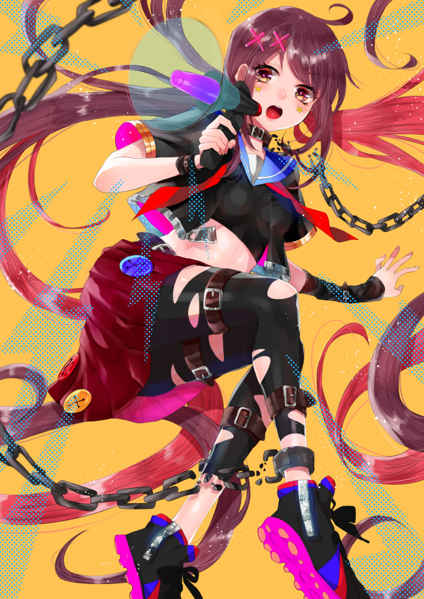 1girl :o absurdly_long_hair ahoge black_choker black_pants black_shirt black_shoes blue_sailor_collar chain choker colored_inner_hair commentary_request cropped_jacket cuffs facial_mark hair_ornament highres holding holding_megaphone long_hair megaphone motimoti067 multicolored_hair open_mouth original pants purple_hair red_hair sailor_collar school_uniform serafuku shackles shirt shoes sneakers solo star_(symbol) star_facial_mark teeth tongue torn_clothes torn_pants twintails upper_teeth_only very_long_hair x_hair_ornament yellow_background yellow_eyes zipper_pull_tab