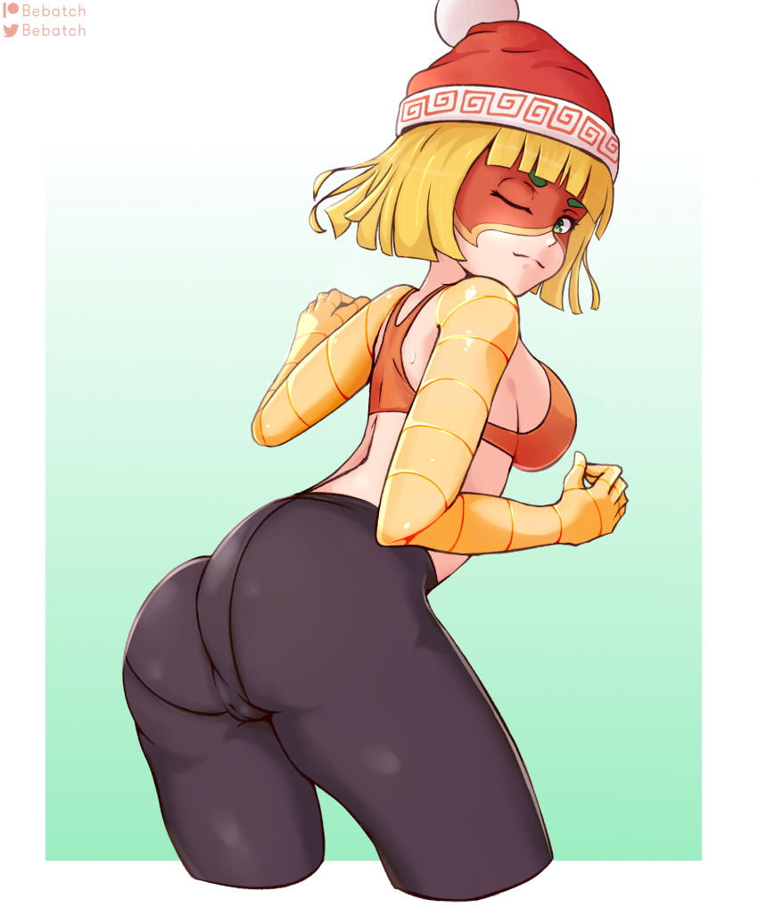 1girl absurdres arms_(game) ass beanie bebatch black_leggings blonde_hair blunt_bangs bob_cut cameltoe crop_top cropped_legs domino_mask green_eyes hat highres leaning_forward leggings mask min_min_(arms) one_eye_closed short_hair solo