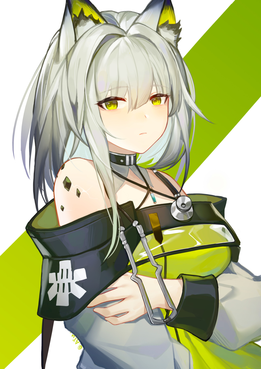 1girl absurdres animal_ear_fluff animal_ears arknights ayu_(ayuyu0924) bare_shoulders commentary_request dress green_dress green_eyes hair_between_eyes hair_intakes highres kal&#039;tsit_(arknights) long_hair long_sleeves looking_at_viewer material_growth off-shoulder_dress off_shoulder oripathy_lesion_(arknights) silver_hair solo stethoscope upper_body white_background