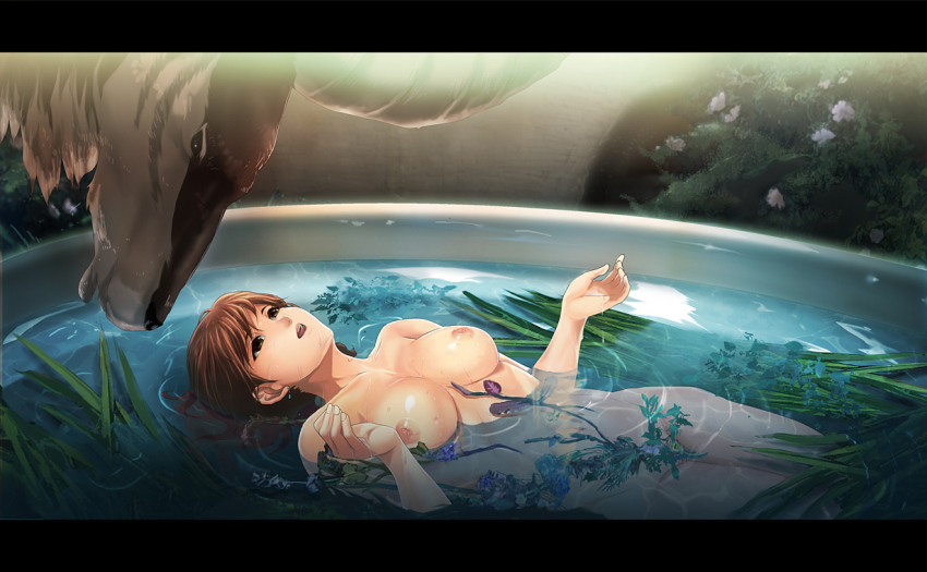 1girl 71_(nanaichi_drafting) artistic_nudity bath bathing bathtub breasts brown_eyes brown_hair earrings female_focus fine_art_parody flower jewelry kaze_no_tani_no_nausicaa large_breasts letterboxed lying nausicaa nipples nude on_back ophelia_(painting) parody partially_submerged short_hair smile solo studio_ghibli water wet