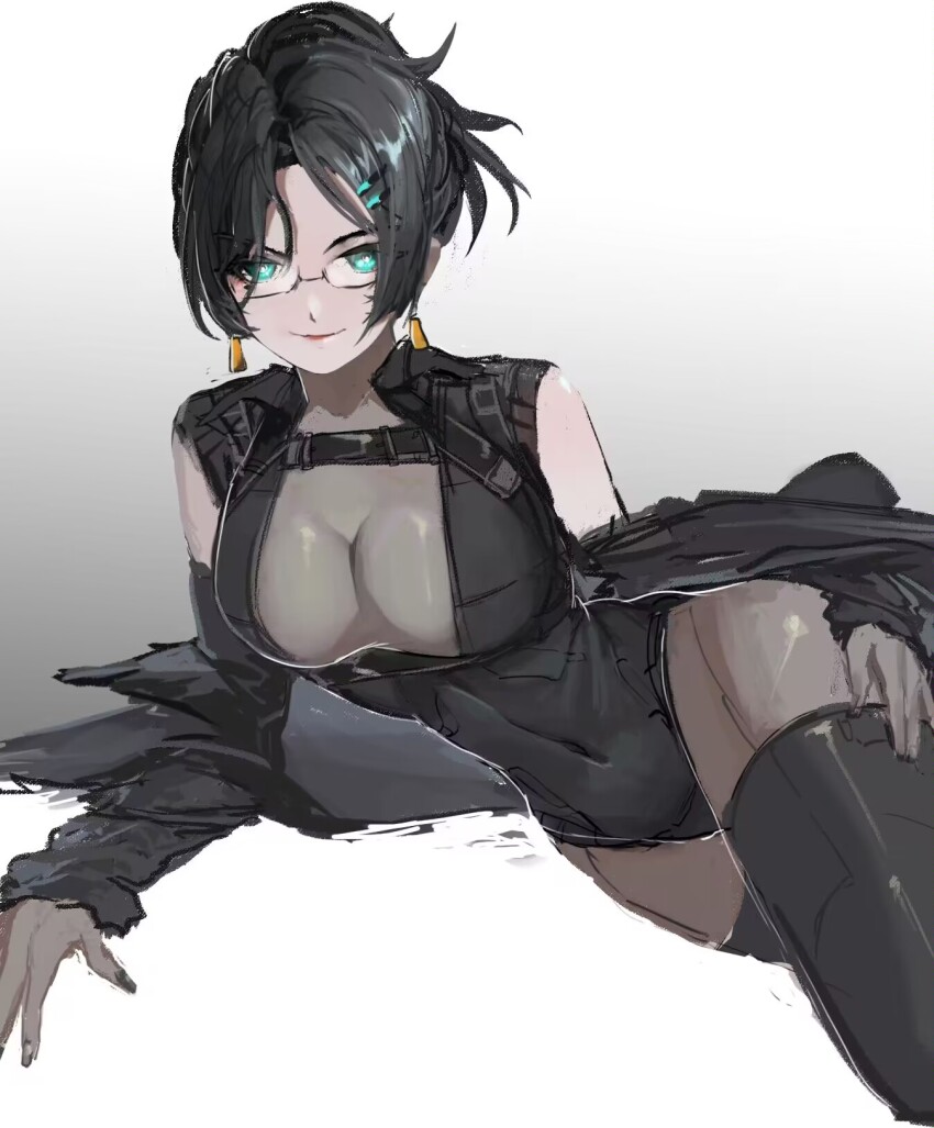 1girl aqua_eyes armored_core armored_core_vi:_fires_of_rubicon black_hair breasts c-on cleavage earrings glasses highres jacket jewelry kate_markson looking_at_viewer medium_breasts off_shoulder pantyhose simple_background smile solo thighhighs