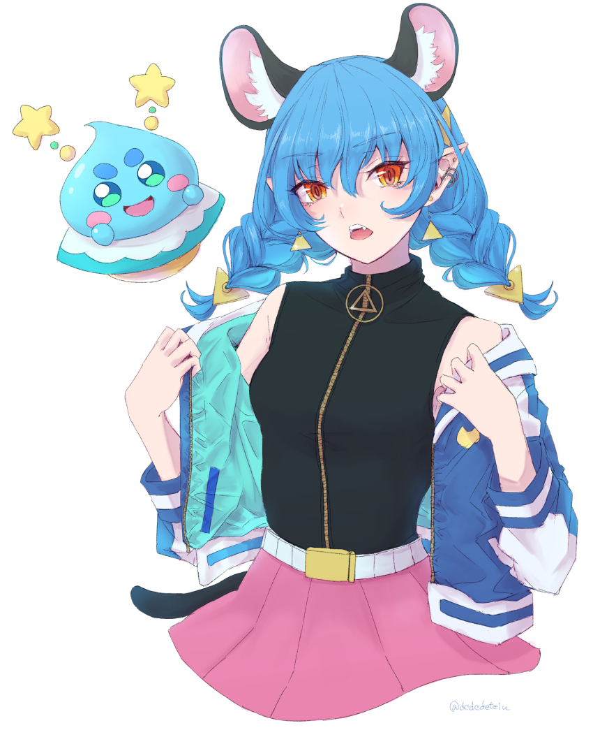 1girl animal_ear_fluff animal_ears black_shirt blue_hair blue_jacket braid breasts cat_ears cat_girl cat_tail cropped_legs dededeteiu ear_piercing earrings fang hair_between_eyes highres jacket jewelry long_hair long_sleeves looking_at_viewer open_clothes open_jacket open_mouth piercing pink_skirt pleated_skirt pointy_ears precure prunce_(precure) shirt simple_background skirt sleeveless sleeveless_shirt small_breasts star_twinkle_precure tail twin_braids twintails twitter_username white_background yellow_eyes yuni_(precure)