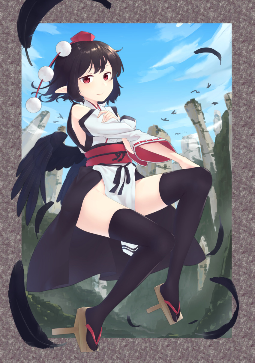 1girl bare_shoulders bird_wings black_hair black_kimono black_thighhighs black_wings brown_footwear closed_mouth day detached_sleeves falling_feathers feathered_wings feathers full_body geta happy hat highres japanese_clothes kanpa_(campagne_9) kimono kourindou_tengu_costume long_sleeves no_panties outdoors pelvic_curtain pointy_ears pom_pom_(clothes) red_eyes shameimaru_aya short_hair smile solo tengu-geta thighhighs thighs tokin_hat touhou white_kimono wide_sleeves wings