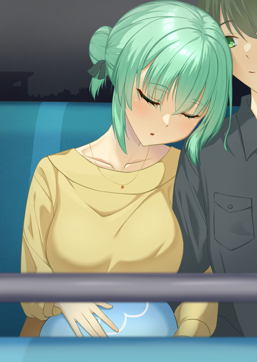 1boy 1girl absurdres arm_hug black_hair blush breast_press breasts casual closed_eyes closed_mouth collarbone commentary_request couple dating eyelashes eyes_visible_through_hair fumimaru green_eyes green_hair hair_between_eyes hair_bun head_on_another&#039;s_shoulder head_rest hetero highres holding holding_sword holding_weapon hug indoors jewelry large_breasts leaning_on_person looking_at_another medium_hair necklace night parted_lips shirt short_hair sidelocks single_hair_bun sitting sleeping smile sword takadate_orie tanikaze_riku tenshi_souzou_re-boot! translated upper_body weapon yellow_shirt