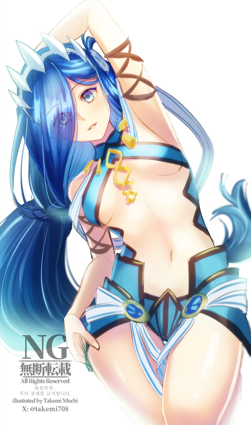 1girl aqua_eyes arm_up armpits blue_eyes blue_hair breasts dana_iclucia eyes_visible_through_hair falcom hair_over_one_eye hand_on_own_hip highres light_blush long_hair midriff navel parted_lips revealing_clothes simple_background small_breasts solo stomach takemi_mochi tiara twitter_username underboob very_long_hair white_background white_tiara ys ys_viii_lacrimosa_of_dana