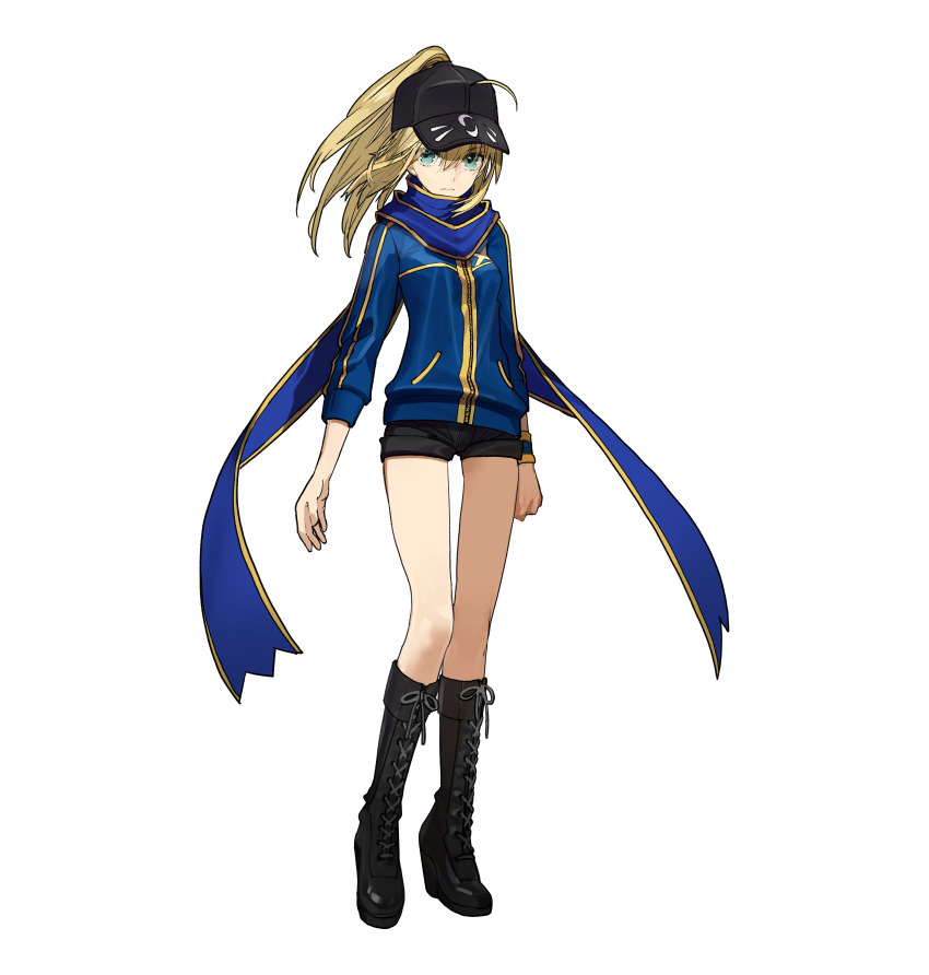 1girl absurdres ahoge artoria_pendragon_(fate) black_boots black_hat black_shorts blonde_hair blue_jacket blue_scarf boots closed_mouth fate/extella fate/extra fate/grand_order fate_(series) floating_hair full_body green_eyes hair_between_eyes hat high_ponytail highres jacket knee_boots long_hair looking_at_viewer mysterious_heroine_x_(fate) official_art ponytail rojiura_satsuki:_chapter_heroine_sanctuary scarf short_shorts shorts simple_background solo standing thighhighs transparent_background visor_cap wada_arco wrist_cuffs zipper