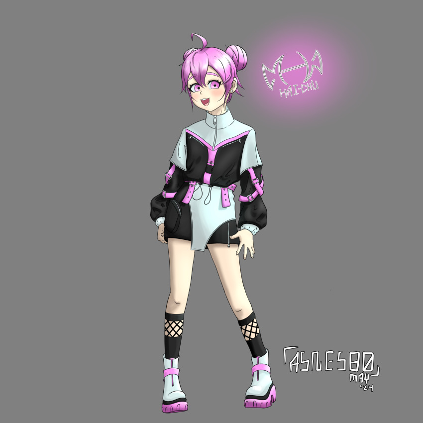 1girl 2024 20s :3 absurdres ahoge asnesbo black_jacket black_skirt black_socks blush boots dated double_bun earrings grey_background grey_footwear hai-chu hair_bun highres jacket jewelry long_sleeves looking_at_viewer may open_mouth purple_eyes purple_hair skirt smile socks standing teeth