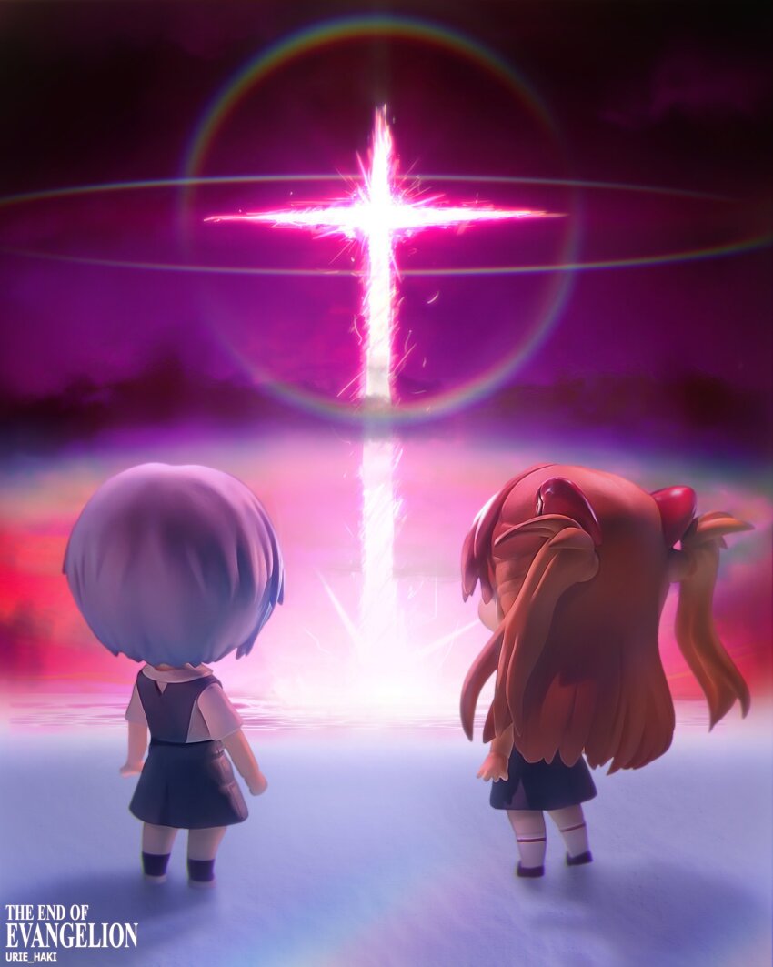 2girls absurdres artist_request ayanami_rei back blue_hair chibi explosion highres long_hair multiple_girls nendoroid neon_genesis_evangelion orange_hair outdoors parted_lips photo_(object) school_uniform shirt short_hair simple_background skirt sky souryuu_asuka_langley suspender_skirt suspenders third-party_edit tokyo-3_middle_school_uniform twintails white_shirt