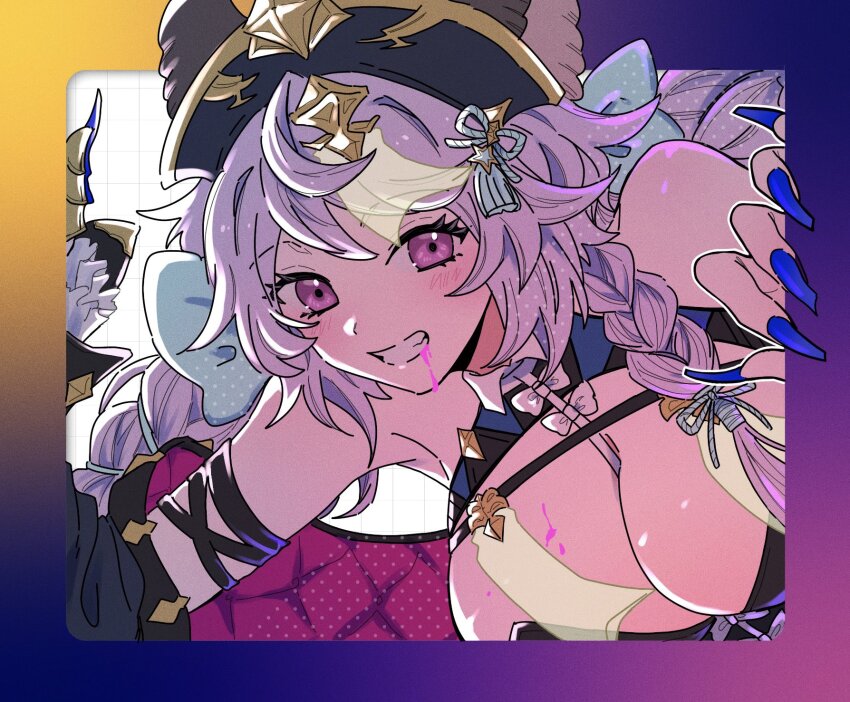 1girl al2o3_na bare_shoulders blood blood_from_mouth blue_nails blush bow braid breasts cleavage cleavage_cutout close-up clothing_cutout commentary framed_breasts granblue_fantasy grin hair_bow hat highres jiangshi_costume official_alternate_costume outside_border purple_eyes purple_hair satyr_(granblue_fantasy) satyr_(halloween)_(granblue_fantasy) sleeveless smile solo very_long_fingernails