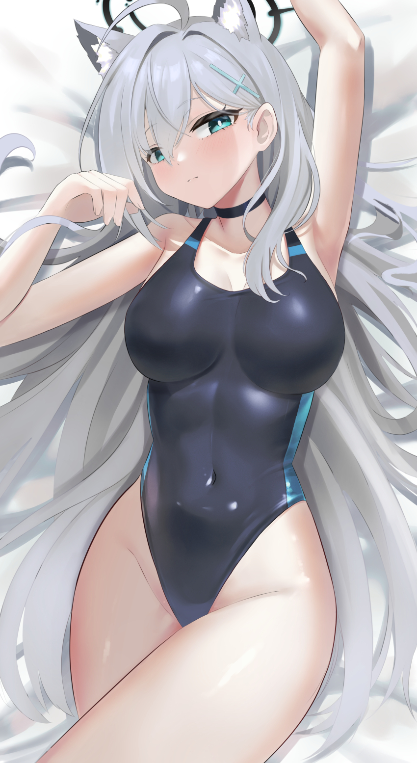 1girl absurdres ahoge animal_ear_fluff animal_ears armpits bed_sheet black_choker black_one-piece_swimsuit blue_archive blue_eyes breasts choker closed_mouth competition_swimsuit covered_navel cross_hair_ornament grey_hair hair_ornament halo highres large_breasts long_hair looking_at_viewer lying on_back one-piece_swimsuit shiroko_(blue_archive) shiroko_terror_(blue_archive) solo swimsuit thighs ziz_(pandora707)