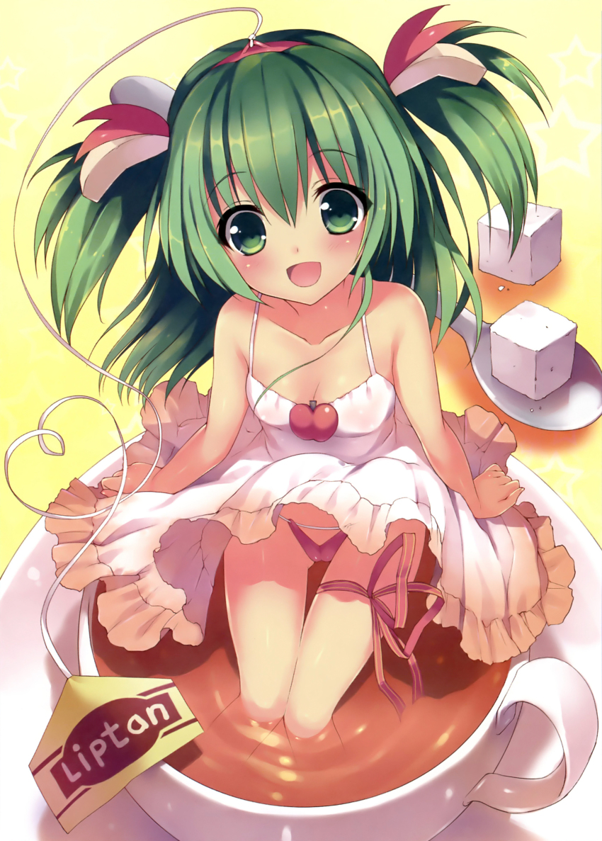 1girl :d absurdres bare_shoulders barefoot blush brand_name_imitation breasts cleavage clothes_lift cup dengeki_moeoh dress dress_lift female_focus green_eyes green_hair hairband heart heart_of_string highres leg_ribbon liptan looking_at_viewer matching_hair/eyes nemunemu_(candy_paddle) open_mouth panties partially_submerged personification pink_panties ribbon scan sitting small_breasts smile solo spoon string_panties sugar_cube tea teabag teacup thigh_ribbon two_side_up underwear white_dress