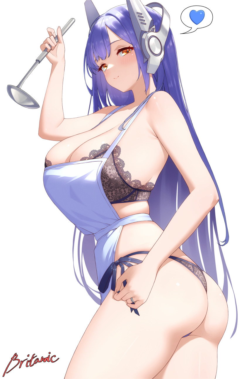 1girl absurdres apron artist_name ass baozi blue_hair bra breasts closed_mouth commission cowboy_shot darkswan food girls&#039;_frontline headgear heart highres holding holding_ladle jewelry lace lace-trimmed_bra lace_trim ladle large_breasts long_hair longevity_peach_bun looking_at_viewer orange_eyes panties revision ring side-tie_panties simple_background smile solo spoken_heart tar-21_(girls&#039;_frontline) underwear wedding_ring white_apron white_background