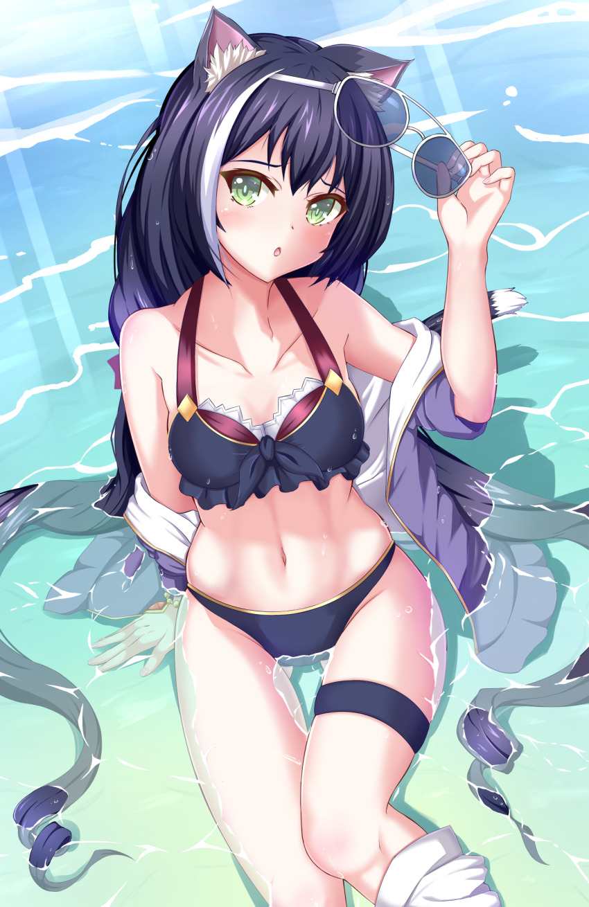 1girl animal_ear_fluff animal_ears bare_shoulders bikini black_bikini blush breasts cat_ears cat_girl cat_tail cherry_enpty collarbone commentary_request day eyelashes feet_out_of_frame furrowed_brow green_eyes hair_between_eyes hair_spread_out hand_up head_tilt highres holding holding_removed_eyewear jacket karyl_(princess_connect!) karyl_(summer)_(princess_connect!) long_hair looking_at_viewer medium_breasts midriff multicolored_hair navel off_shoulder open_clothes open_jacket open_mouth outdoors princess_connect! purple_jacket sitting skindentation small_breasts solo stomach streaked_hair sunglasses sunlight swimsuit tail thigh_strap tsurime unworn_eyewear very_long_hair water white_hair