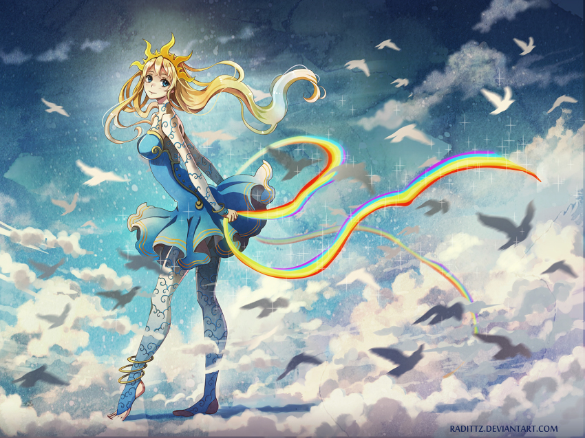 1girl animal anklet aqua_pantyhose artist_name bird blonde_hair blue_dress blue_eyes blue_pantyhose blue_sky blush bracelet breasts cloud dress feathers female_focus floating_hair flying from_side full_body highres holding jewelry long_hair long_sleeves looking_at_viewer looking_to_the_side motion_blur original outstretched_wings pantyhose radittz rainbow_order shawl sky solo sparkle standing tareme tiara tiptoes toeless_legwear toes underbust very_long_hair watermark wavy_hair web_address white_feathers wind