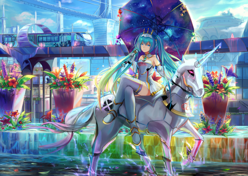 1girl blue_eyes blue_hair boots crossed_legs detached_sleeves dress female_focus goodsmile_company goodsmile_racing hair_ornament hatsune_miku holding holding_umbrella kabolatte long_hair matching_hair/eyes natsumoka sitting smile solo strapless thigh_boots thighhighs twintails umbrella unicorn vocaloid