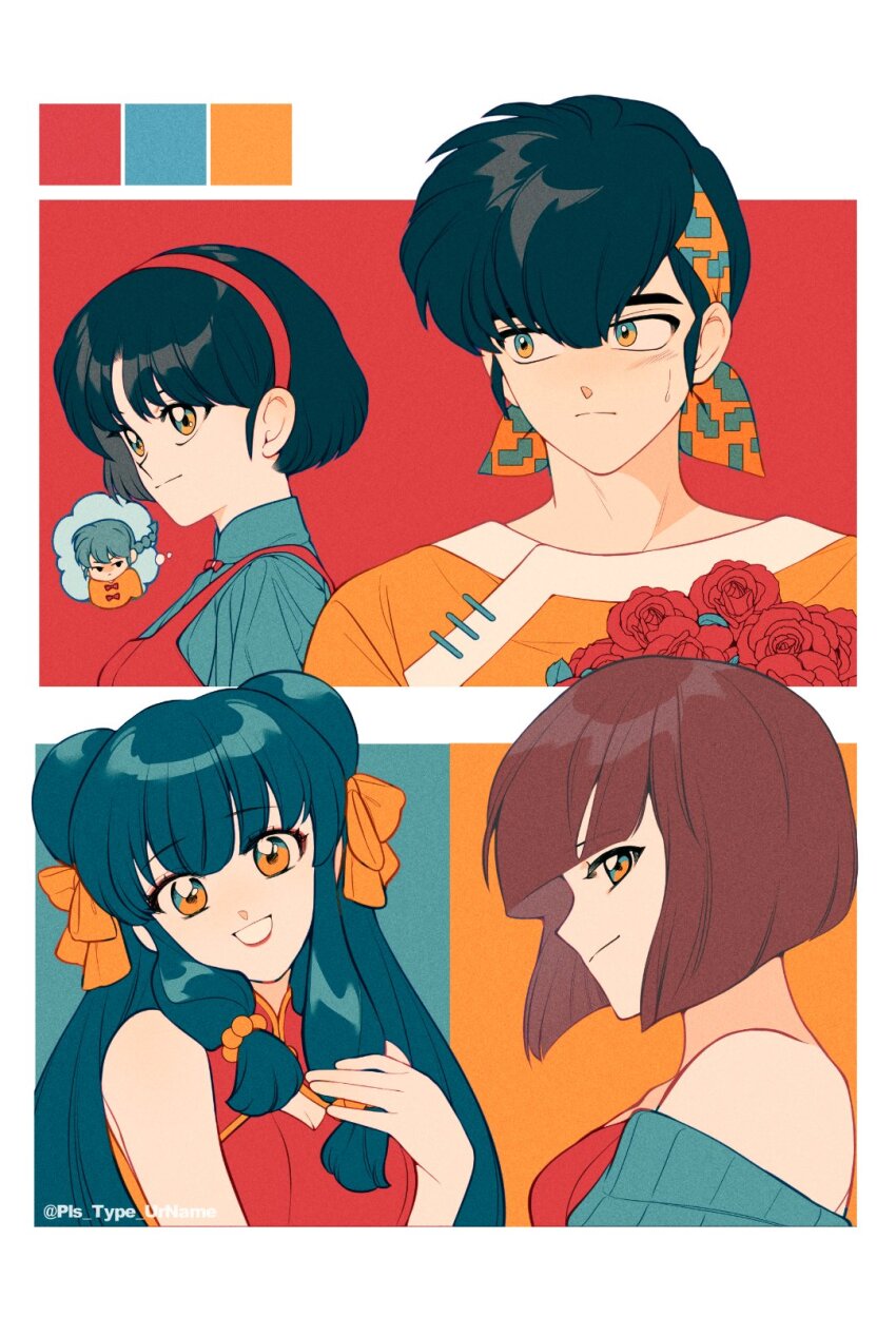 2boys 3girls :d alternate_eye_color alternate_hair_color aqua_background aqua_bandana aqua_shirt aqua_sweater artist_name bandana bare_shoulders black_eyes black_hair blunt_bangs blunt_ends blush bob_cut border bouquet braid braided_ponytail breasts brown_hair camisole china_dress chinese_clothes cleavage cleavage_cutout closed_mouth clothing_cutout color_guide commentary double_bun dress eyelashes film_grain flower from_side green_hair hair_between_eyes hair_bobbles hair_bun hair_ornament hair_over_shoulder hair_ribbon hairband hand_on_own_chest head_tilt hibiki_ryouga highres holding holding_bouquet inverted_bob jitome korean_commentary light_smile lipstick long_hair looking_ahead looking_at_another looking_at_viewer looking_to_the_side makeup mandarin_collar medium_breasts multiple_boys multiple_girls off_shoulder open_mouth orange_background orange_bandana orange_ribbon orange_shirt parted_lips pinafore_dress ranma_1/2 red_background red_camisole red_dress red_flower red_hairband red_lips red_rose ribbon rose saotome_ranma shampoo_(ranma_1/2) shirt short_hair siblings sidelocks simple_background single_braid sisters sleeveless sleeveless_dress smile spoken_character sweatdrop sweater tangzhuang tendou_akane tendou_nabiki thought_bubble twitter_username two-tone_bandana white_background white_border yellow_eyes yonban_(pls_type_urname)