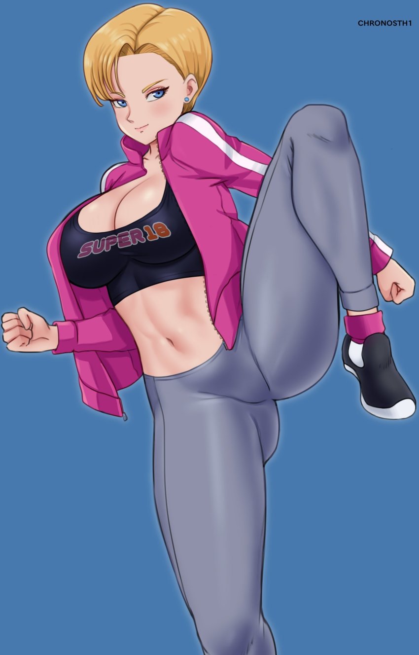 1girl android_18 blonde_hair blue_eyes breasts cleavage crop_top dragon_ball dragon_ball_super dragon_ball_super_super_hero dragonball_z ear_piercing gummslime highres jacket large_breasts leg_up pants piercing shoes short_hair yoga_pants