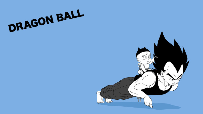 aged_down artist_request baby barefoot bib blue_background copyright_name dragon_ball dragon_ball_xenoverse dragonball_z exercising father_and_son finger_push-ups greyscale_with_colored_background hand_in_another&#039;s_hair hat highres loading_screen looking_down muscular muscular_male official_art official_wallpaper pants parent_and_child short_hair sitting sitting_on_person spiked_hair sweatpants tank_top third-party_source trunks_(dragon_ball) vegeta widow&#039;s_peak