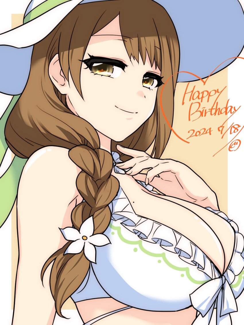 1girl bikini braid braided_ponytail breasts brown_eyes brown_hair cleavage dated fire_emblem fire_emblem_engage fire_emblem_heroes goldmary_(fire_emblem) goldmary_(summer)_(fire_emblem) happy_birthday hat highres large_breasts looking_at_viewer mole mole_on_breast nintendo official_alternate_costume smile solo sun_hat swimsuit upper_body yuki_cryp_a