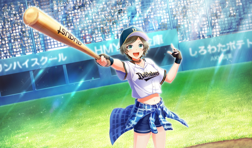 1girl :d baseball baseball_bat baseball_cap baseball_stadium baseball_uniform black_gloves blue_jacket blue_shorts cinderella_series clothes_around_waist crowd film_grain fingerless_gloves game_cg gloves green_eyes green_hair hachigatsu_no_cinderella_nine hat highres jacket jacket_around_waist lens_flare light_particles light_rays looking_at_viewer metal_baseball_bat nakano_ayaka navel nippon_professional_baseball non-web_source official_art on_grass open_mouth orix_buffaloes plaid_clothes plaid_jacket shirt short_hair short_sleeves shorts smile solo_focus sportswear standing sunbeam sunlight teeth upper_teeth_only white_shirt