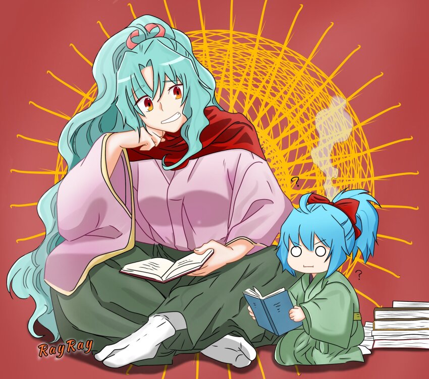 2girls ? book book_stack breasts brown_eyes closed_mouth crossed_legs eyebrows_hidden_by_hair flat_chest green_hair green_hakama green_kimono grin hair_between_eyes hakama hand_on_own_chin highres holding holding_book japanese_clothes kimono komoe_(tsuki_ga_michibiku_isekai_douchuu) large_breasts long_hair looking_at_another multiple_girls open_mouth pink_kimono rayrey06 reading red_background red_scarf scarf seiza signature sitting smile solid_circle_eyes tabi teeth tomoe_(tsuki_ga_michibiku_isekai_douchuu) tsuki_ga_michibiku_isekai_douchuu very_long_hair wide_sleeves