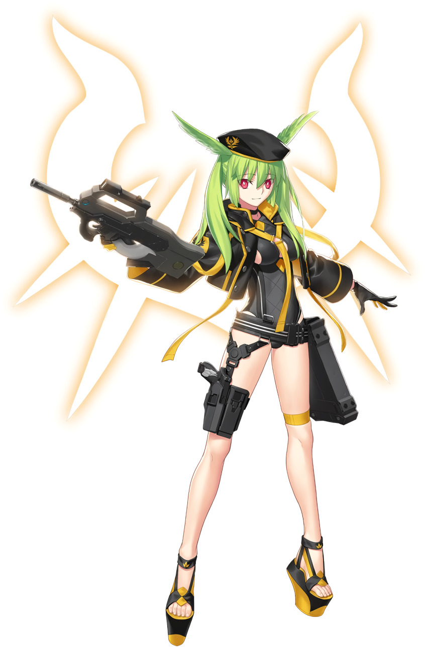 1girl assault_rifle beret black_gloves black_hat black_jacket black_one-piece_swimsuit blush breasts bright_pupils casual_one-piece_swimsuit dated fate/grand_order fate_(series) gloves green_hair gun hat head_wings highres jacket looking_at_viewer medium_breasts motion_lines nose_blush official_art olrun_(fate) one-piece_swimsuit open_mouth red_eyes redrawn rifle signature solo_focus surprised swimsuit takeuchi_takashi twintails twitter_username two-tone_gloves upper_body valkyrie_(fate) weapon white_pupils wings yellow_gloves