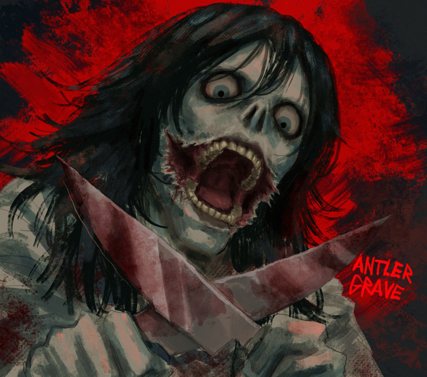 1boy antlergrave artist_name black_hair blood blood_on_clothes bloody_knife blue_eyes colored_skin creepypasta dual_wielding from_below glasgow_smile hair_between_eyes hands_up highres holding holding_knife jeff_the_killer knife looking_at_viewer looking_down male_focus medium_hair open_mouth portrait realistic red_background simple_background teeth white_skin