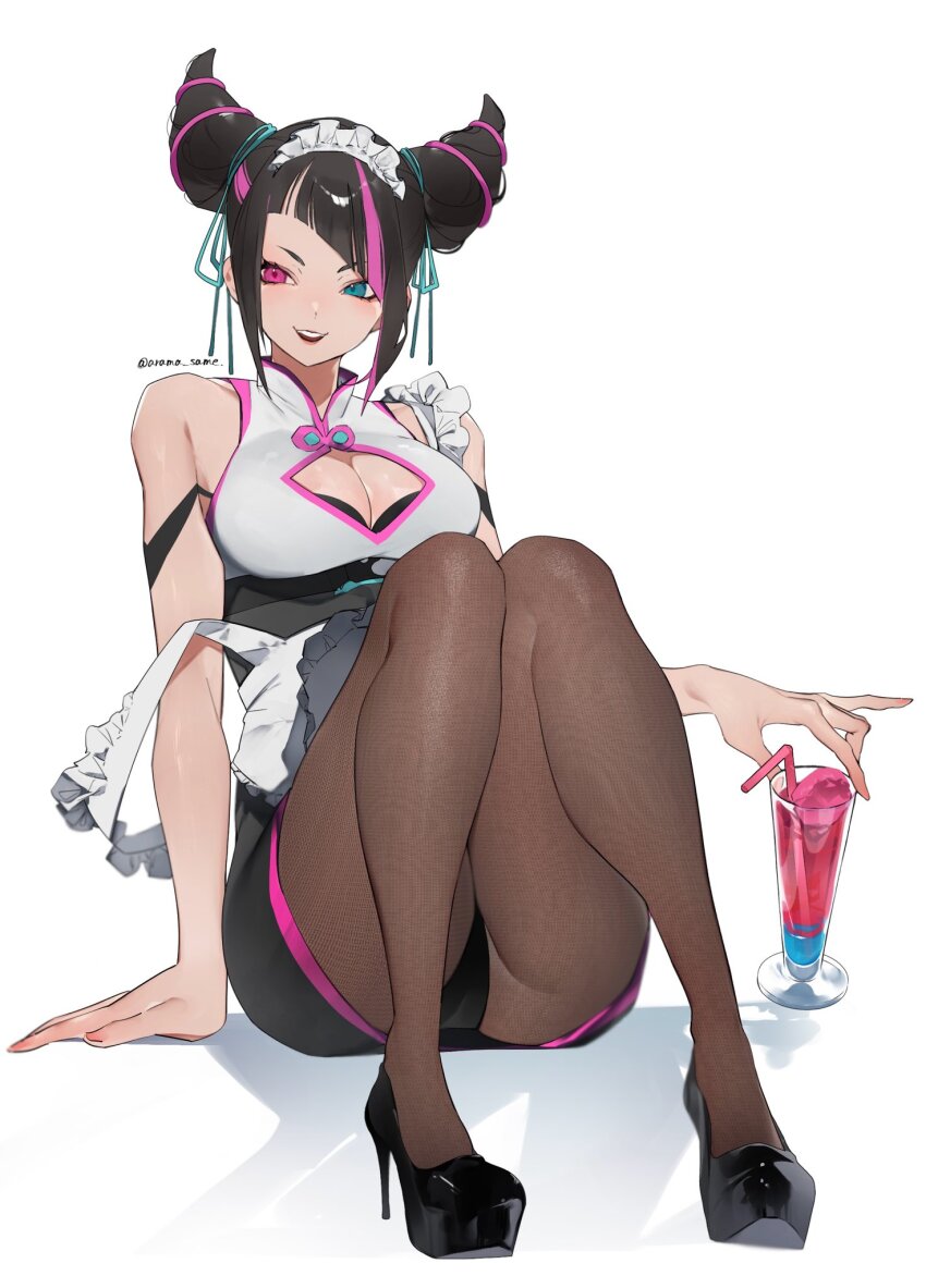 1girl apron arama_same arm_support black_footwear black_hair black_panties black_skirt blue_eyes blue_ribbon blunt_bangs breasts brown_pantyhose cleavage_cutout clothing_cutout commentary cup diagonal_bangs drink drinking_glass drinking_straw food frilled_apron frills hair_horns hair_ribbon han_juri heterochromia high_heels highres holding holding_cup ice_cream ice_cream_float knees_up large_breasts looking_at_viewer maid_headdress multicolored_hair open_mouth panties pantyhose pantyshot purple_eyes purple_hair ribbon shadow shirt sidelocks simple_background single_bare_shoulder sitting skirt sleeveless sleeveless_shirt smile solo streaked_hair street_fighter teeth twitter_username two-tone_hair underwear upper_teeth_only white_apron white_background white_shirt