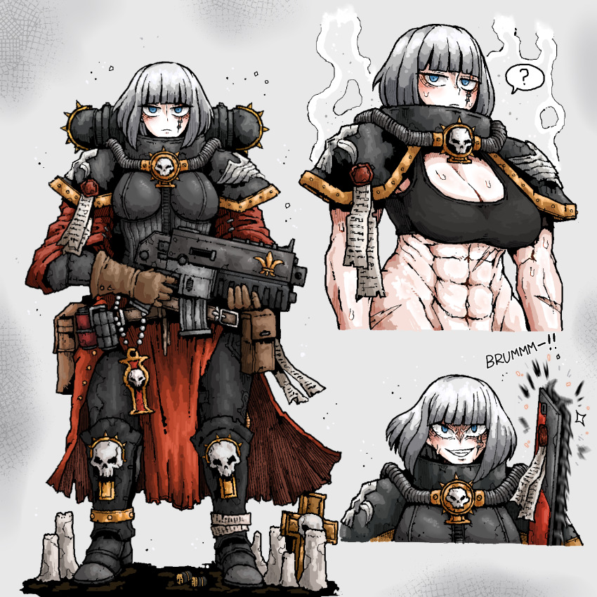 1girl ? abs adepta_sororitas armor blue_eyes bob_cut bolter breasts chainsword cleavage commentary cropped_torso english_commentary gloves highres large_breasts looking_at_viewer multiple_views muscular muscular_female octosoup power_armor purity_seal robe scar scar_on_stomach skirt skull solo sweat warhammer_40k weapon white_background white_hair