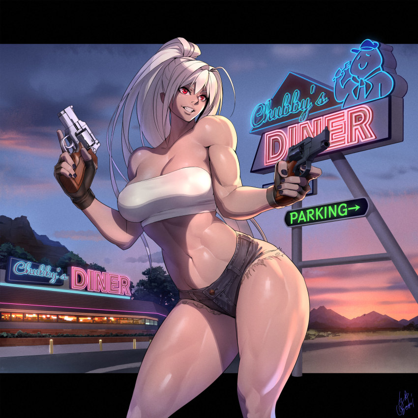 1girl abs ahoge arrow_(symbol) bandeau bare_arms bare_shoulders black_gloves black_nails black_shorts breasts cleavage cloud cloudy_sky commentary_request contrapposto dark-skinned_female dark_skin denim denim_shorts diner dual_wielding english_text evening fingerless_gloves gloves grin gun hair_intakes handgun high_ponytail highres holding holding_gun holding_weapon large_breasts letterboxed long_hair looking_away looking_to_the_side micro_shorts mountain muscular muscular_female nail_polish navel neon_lights ogami original outside_border ponytail red_eyes restaurant revolver shiny_skin shorts sidelocks signature sky smile solo standing strapless sunset traffic_barrier tree tube_top very_long_hair weapon white_bandeau white_hair