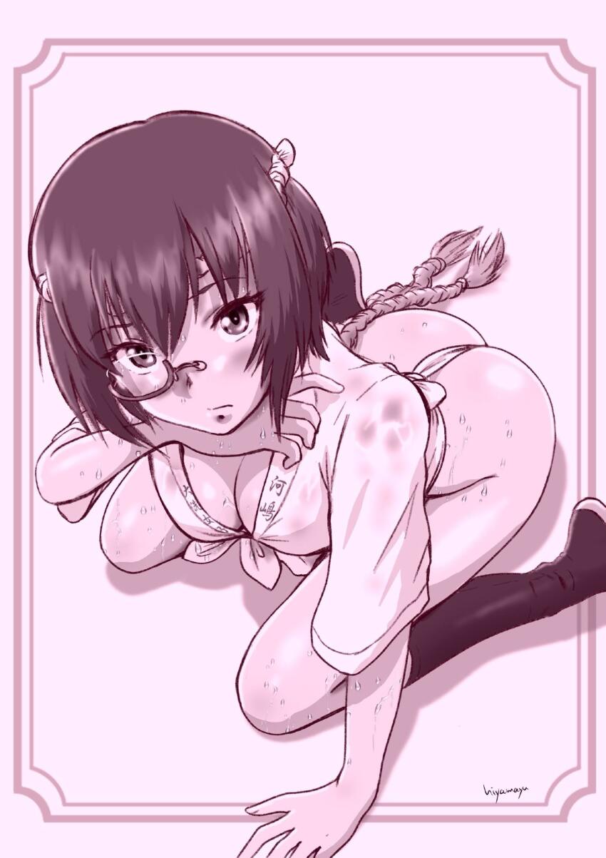 1girl absurdres ass blush breasts cleavage closed_mouth fundoshi girls_und_panzer highres hiyama_yuu_(wee259hiyama) japanese_clothes kawashima_momo large_breasts looking_at_viewer looking_up monochrome monocle short_hair signature solo sweat