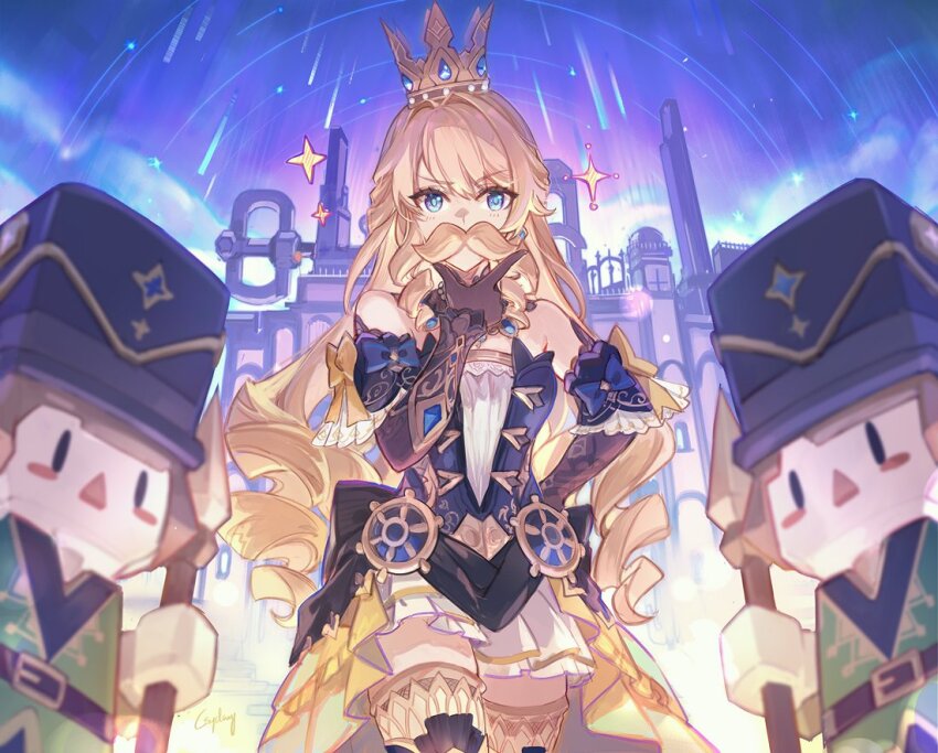 1girl bare_shoulders blonde_hair blue_eyes cowboy_shot crown csyday detached_sleeves dress fake_facial_hair fake_mustache genshin_impact hand_up long_hair navia_(genshin_impact) outdoors polearm spear standing strapless strapless_dress very_long_hair weapon