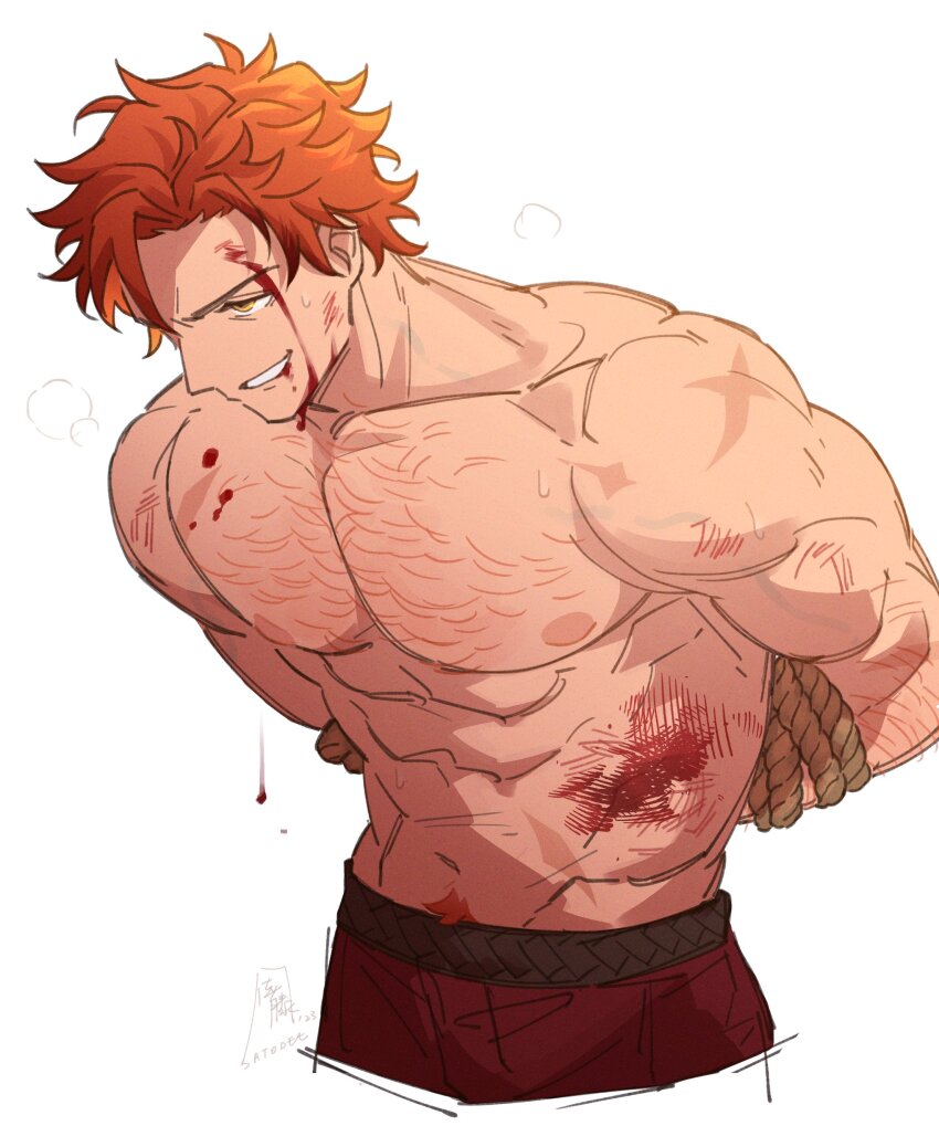 1boy absurdres arm_hair arms_behind_back blood blood_on_body blood_on_face bound bound_wrists chest_hair commentary cropped_legs dated dripping_blood english_commentary fire_emblem fire_emblem:_three_houses from_side grin groin highres injury male_focus male_pubic_hair navel nintendo nipples orange_hair pants pectorals pubic_hair puff_of_air red_pants restrained satodee scar scar_on_chest scar_on_shoulder short_hair sideways_mouth signature simple_background smile solo sylvain_jose_gautier teeth topless_male twitter_username wavy_hair white_background yellow_eyes