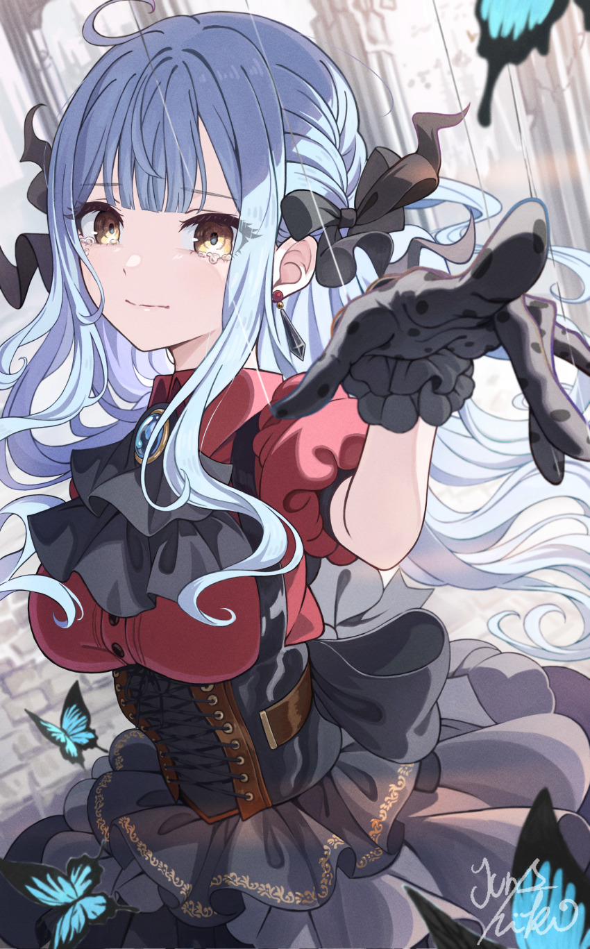 1girl absurdres ascot bang_dream! bang_dream!_it&#039;s_mygo!!!!! black_ascot black_corset black_gloves black_ribbon black_skirt blue_brooch blue_hair breasts bug butterfly closed_mouth commentary_request corset crying crying_with_eyes_open dress_shirt earrings gloves hair_ribbon highres insect jewelry junshiki long_hair looking_at_viewer medium_breasts oblivionis_(bang_dream!) partial_commentary puffy_short_sleeves puffy_sleeves puppet_strings red_shirt ribbon shirt short_sleeves sidelocks signature skirt solo tears togawa_sakiko yellow_eyes