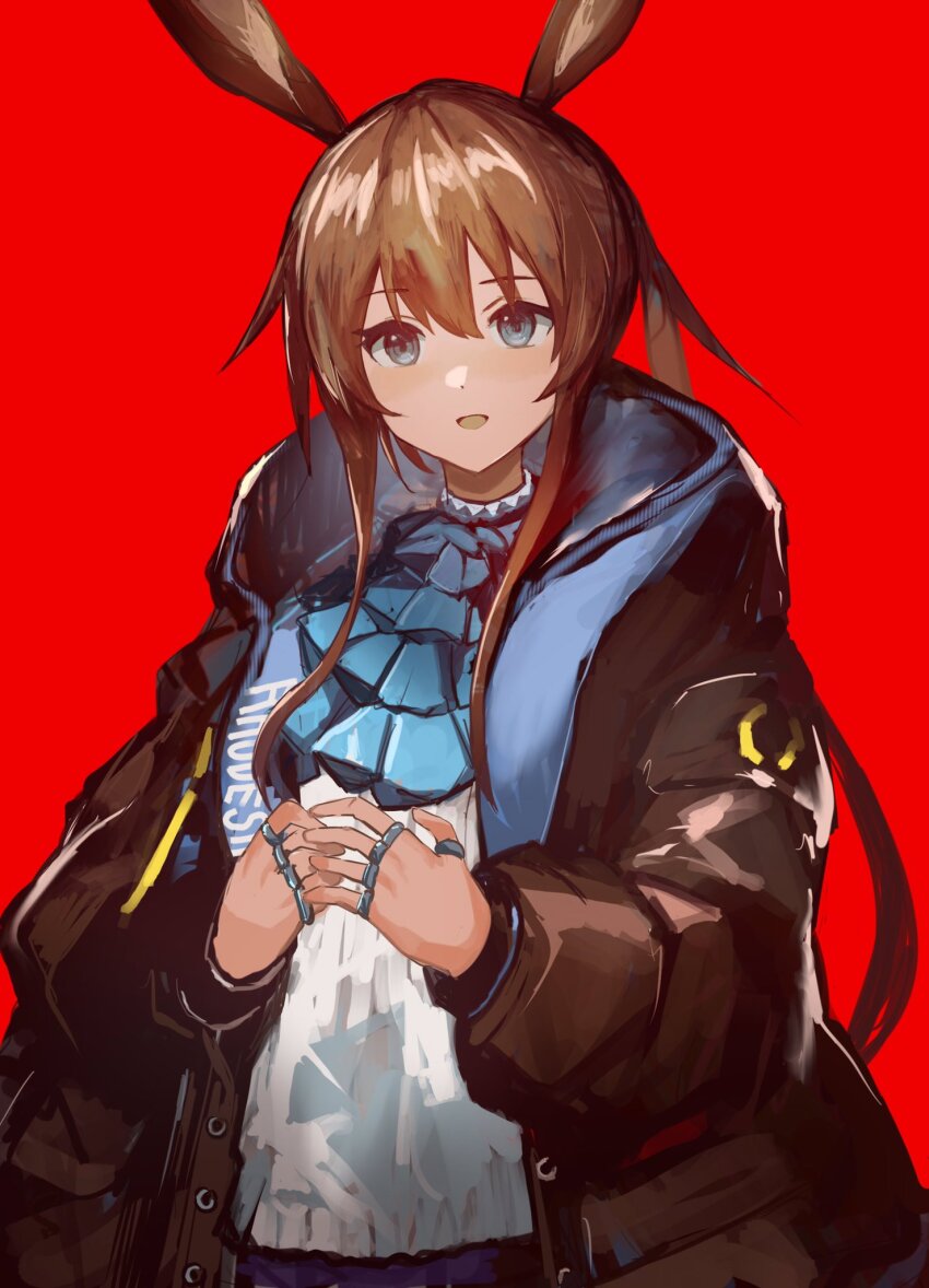 1girl amiya_(arknights) animal_ears arknights ascot black_jacket blue_ascot blue_eyes brown_hair choker hair_between_eyes highres hood hood_down jacket jewelry long_hair long_sleeves looking_at_viewer multiple_rings open_mouth ponytail puffy_sleeves rabbit_ears red_background ring ruyu_(txzy22) shirt simple_background solo very_long_hair white_shirt