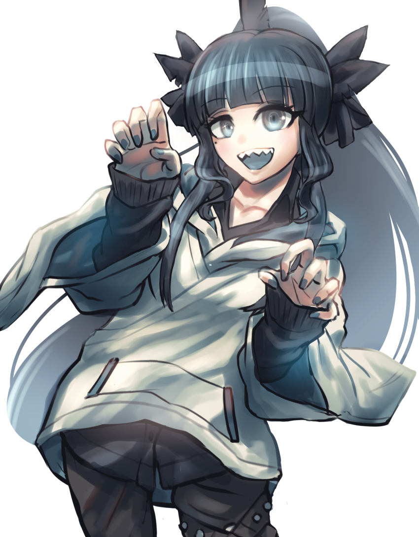 1girl artemis_of_the_blue atelier_live black_hair black_pants blue_nails blue_tongue claw_pose colored_tongue highres hood hood_down hoodie layered_clothes minster_(dooke) mole mole_under_eye o-ring o-ring_thigh_strap open_mouth pants ponytail shark_fin shark_girl sharp_teeth solo teeth thigh_strap virtual_youtuber wavy_sidelocks white_background white_hoodie wide_sleeves