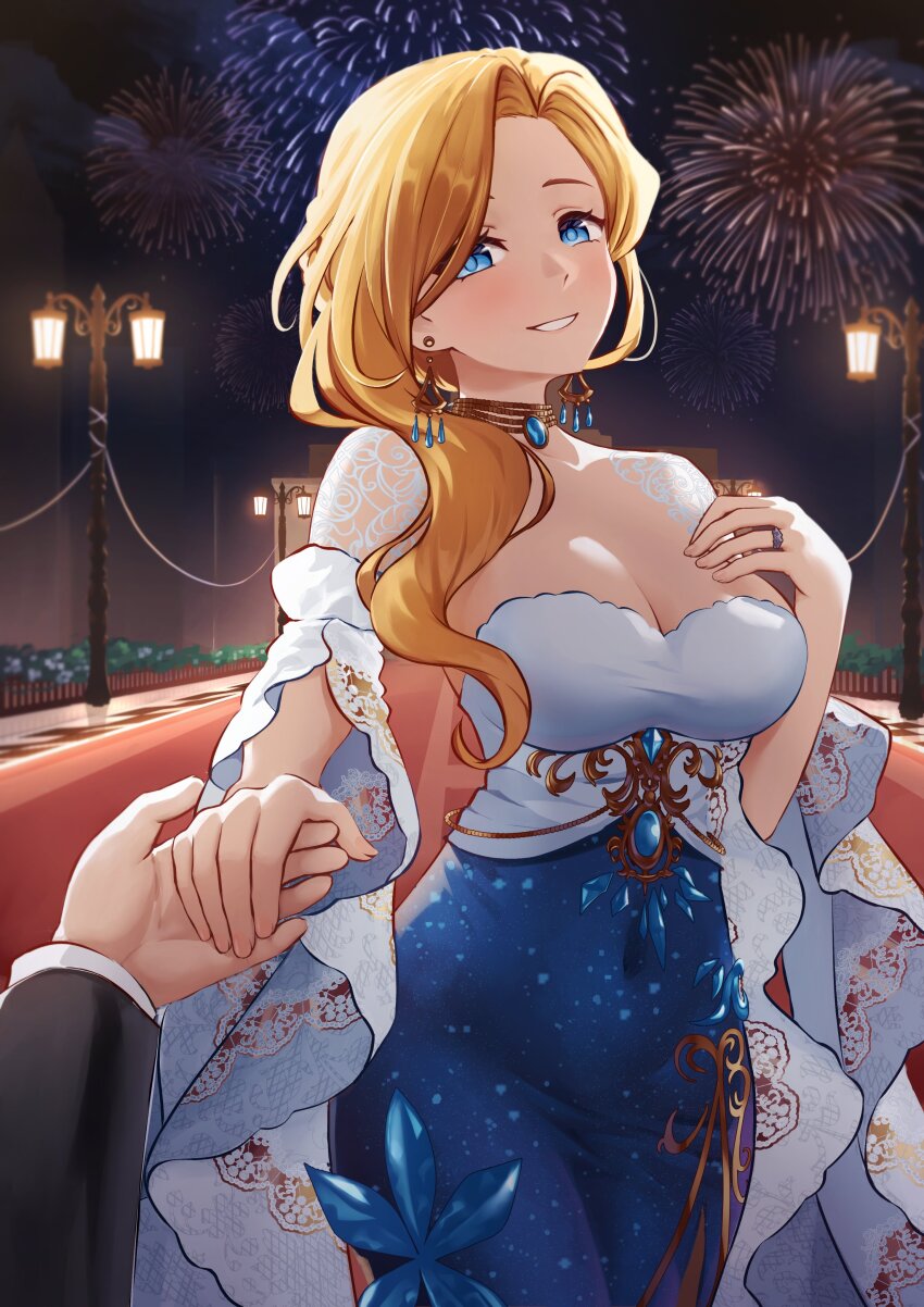 1boy 1girl absurdres azur_lane blonde_hair blue_dress breasts cleavage collarbone commander_(azur_lane) commission covered_navel detached_sleeves dress earrings fireworks flower formal_clothes gold_choker gold_trim hair_ornament hand_on_own_chest highres hood_(azur_lane) jewelry lamppost large_breasts looking_at_viewer multicolored_dress necklace night night_sky nyle404 official_alternate_costume parted_lips pov pov_hands ring sky smile strapless strapless_dress teeth two-tone_dress u-treasure upper_body vgen_commission white_dress