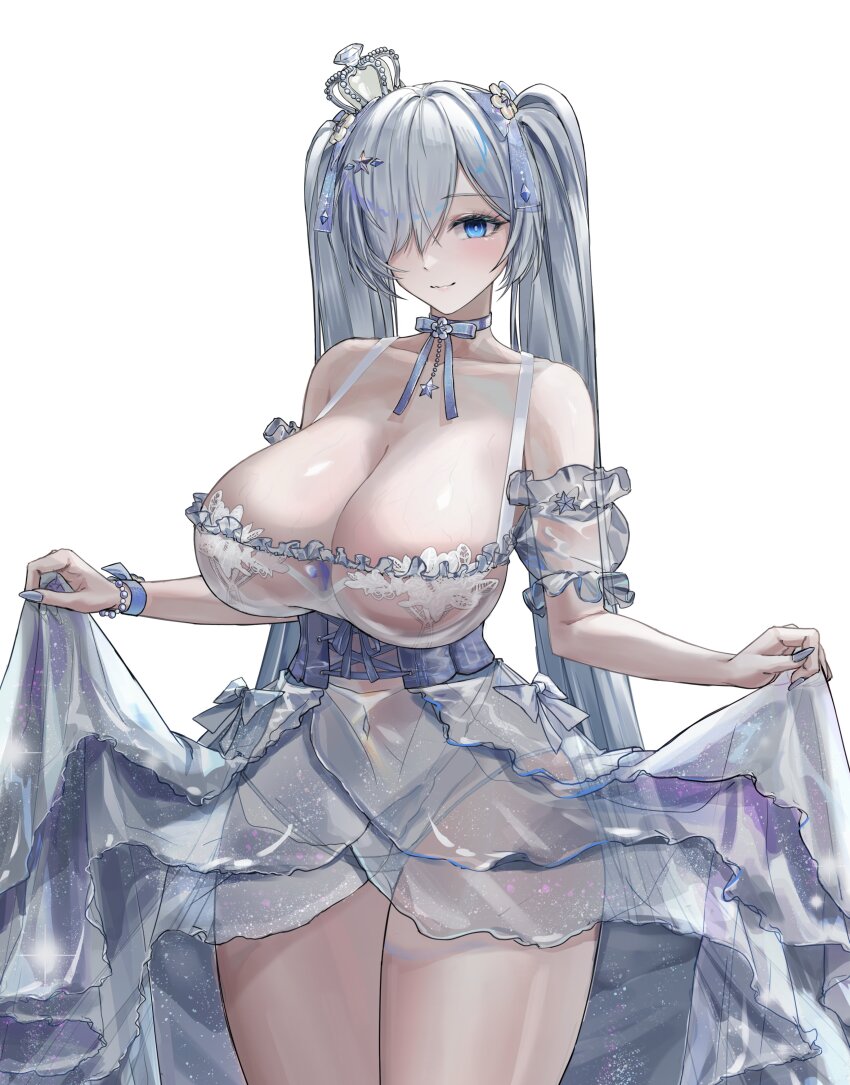 1girl absurdres blue_eyes breasts center_opening choker cinderella_(glass_princess)_(nikke) cinderella_(nikke) clothes_lift covered_navel cowboy_shot crown disgustingtokki dress dress_lift gluteal_fold goddess_of_victory:_nikke hair_over_one_eye highres huge_breasts light_blush light_smile long_hair looking_at_viewer mini_crown nail_polish official_alternate_costume pale_skin see-through_clothes see-through_dress simple_background solo thick_thighs thighs thong twintails veins veiny_breasts very_long_hair white_background