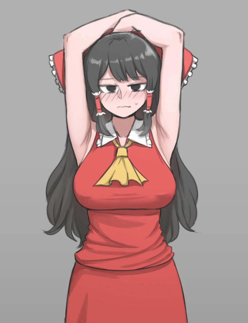 1girl armpits arms_up ascot black_eyes black_hair bow breasts dress embarrassed frilled_bow frills grey_background hair_bow hair_tubes hakurei_reimu highres jitome long_hair looking_at_viewer mata_(matasoup) nontraditional_miko red_bow red_dress sidelocks simple_background sleeveless sleeveless_dress solo touhou yellow_ascot